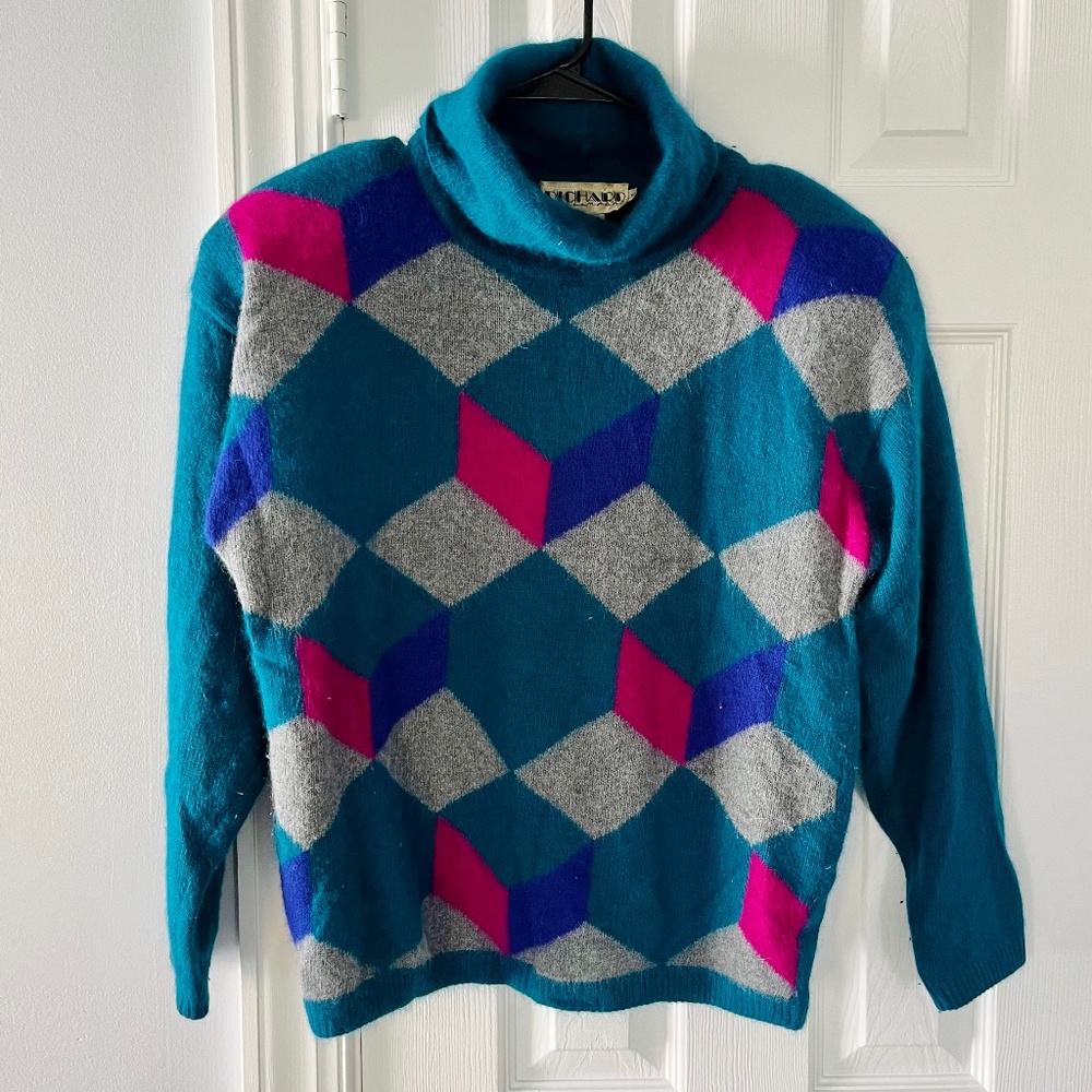 Richard and Company Vintage Retro Lambswool Rabbit Fur Geo Turtleneck Sweater